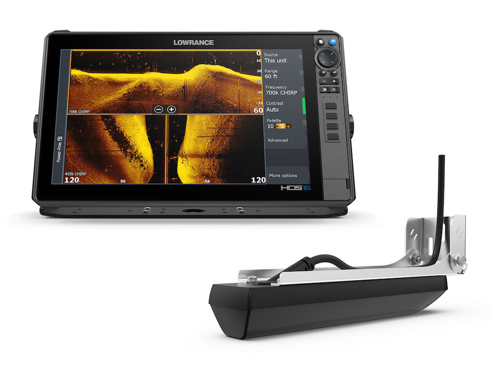 Lowrance HDS PRO 16 000-15991-001 display showing Active Imaging sonar view, with the silver and black transducer in front