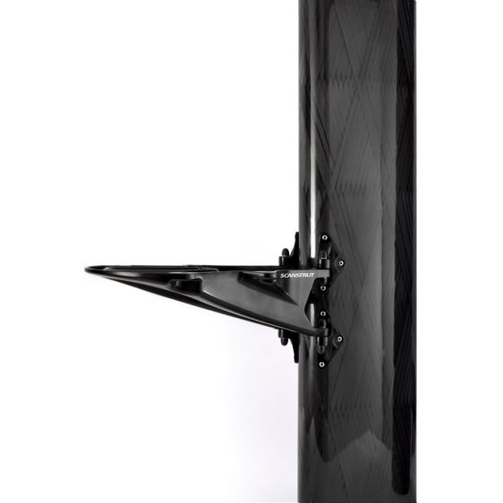 Scanstrut SC20-BLK black mast mount arm clamped to a black mast, side profile on white