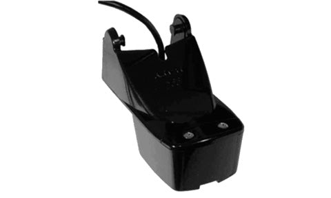 B&G Lowrance Simrad 000-13919-001 XSonic Airmar P66 plastic 50-200 kHz transducer, black transom bracket body with a cable