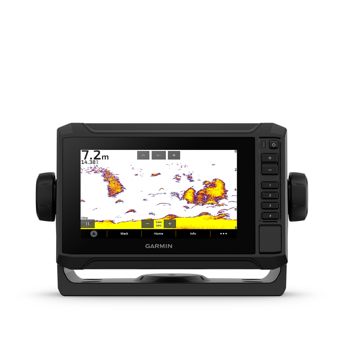 Garmin ECHOMAP UHD2 65sv 010-02682-10 without transducer, front view with sonar showing 7.2 m depth