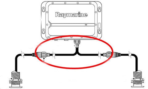 Raymarine A102146 transducer Y cable for CP450C, CP470 and CP570, diagram of a sonar module with two transducers