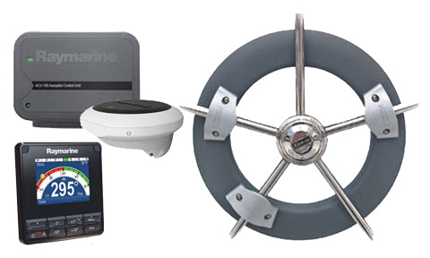 Raymarine T70152 Evolution EV-100 wheel autopilot pack, ACU-100, sensor core, display reading 295 and wheel drive