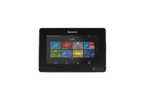 Raymarine E70365 Axiom 7 RV, front view of black display showing a home screen of coloured app tiles