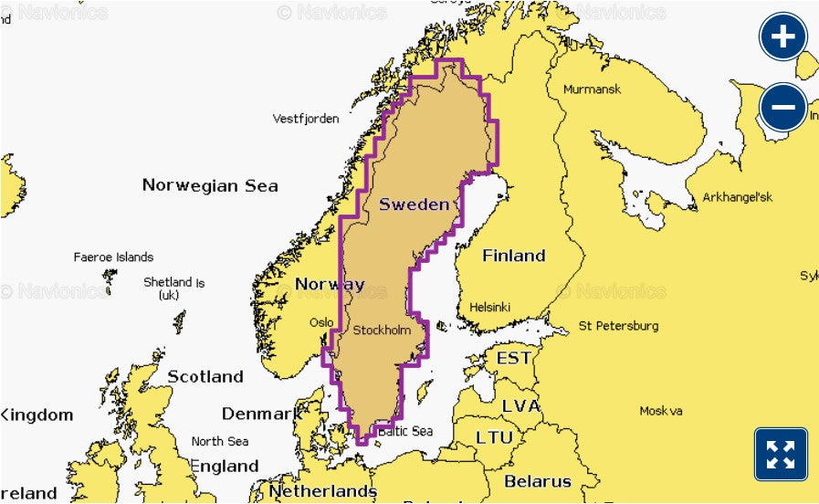 Garmin Navionics+ 010-C1262-20 Sweden Lakes and Rivers NSEU067R coverage, purple selection over Sweden