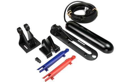 B&G Lowrance Simrad 000-12568-001 TotalScan skimmer transducer, black transducer, brackets, blue and red parts and a cable
