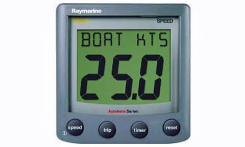 Raymarine A22001-P ST60 Plus speed instrument display, grey unit reading boat kts 25.0 with four buttons