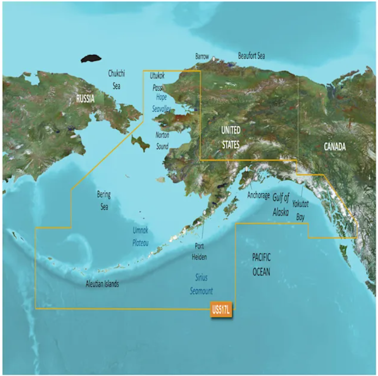 Garmin BlueChart g3 VUS517L coverage map, Alaska South including the Aleutians and Gulf of Alaska