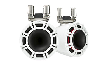 Kicker KM Marine 9 inch horn tower system in white, KA44KMTC94W, two white tower speakers with horn tweeters on steel clamps