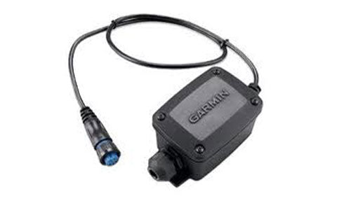 Garmin 010-11613-00 8-pin female to wire block adapter, black junction box with Garmin logo and round plug