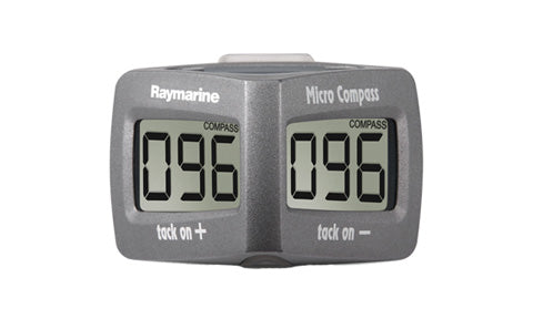 Raymarine T060 Micro Compass, grey display showing 096 twice with tack on and tack off labels, front view