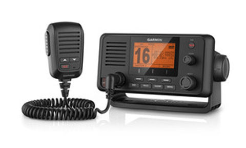 Garmin 215i AIS VHF radio 010-02098-01, black unit with orange channel 16 display and coiled handset