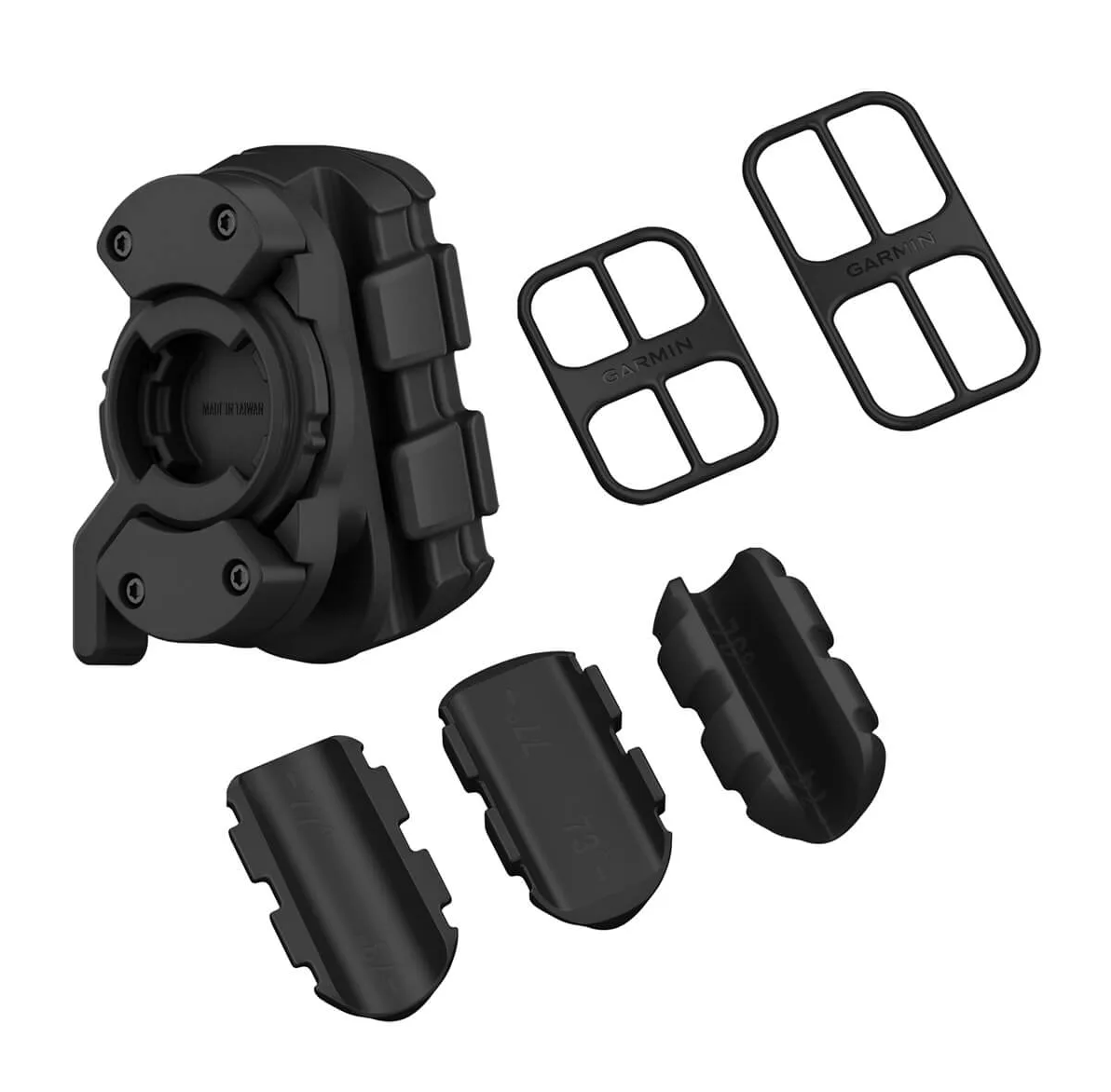 Garmin 010-13148-00 seat post mount kit, black clamp holder, rubber bands, sleeve inserts and spacer pieces