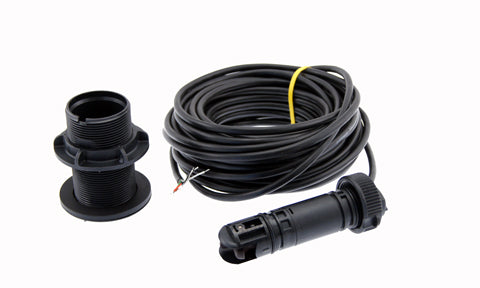 B&G SEN-SPD-HPF analogue speed sensor with black plastic flush housing, coiled cable and nut shown together
