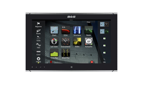 B&G 000-11736-001 Zeus2 ZM16-T 16 inch glass helm touch monitor, front view of a display showing a home screen of tiles