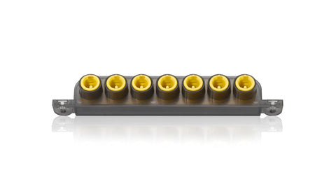 SimNet 7 prong multi-joiner 24006298, black strip with seven yellow round connector sockets, front view