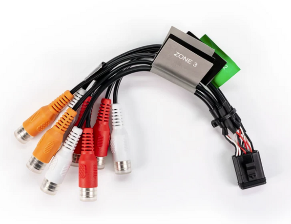 Fusion Loom 010-12812-02 RCA Zone 3 and 4 harness, labelled grey plug with orange, red and white RCA sockets