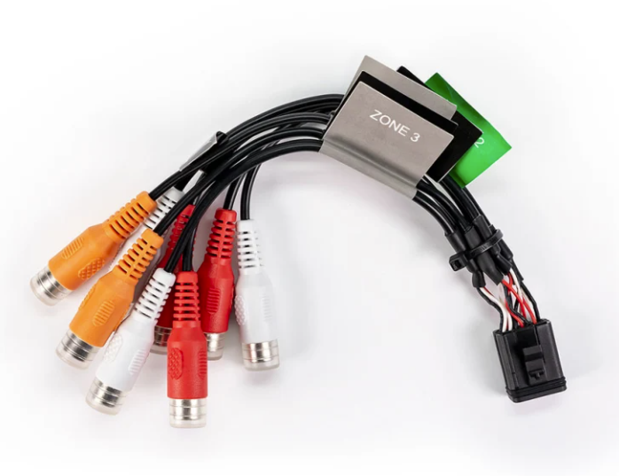 Fusion Loom 010-12812-02 RCA Zone 3 and 4 harness, labelled grey plug with orange, red and white RCA sockets