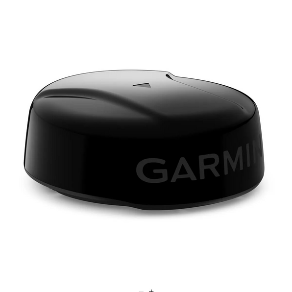 Garmin GMR Fantom 24x radome 010-02585-10 in black, angled view of low dome with grey Garmin lettering
