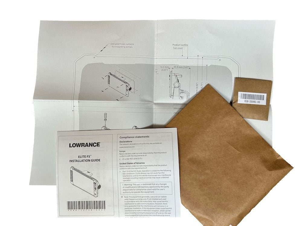 Lowrance 000-16446-001 Elite FS 12 flush mount kit, installation guide sheets and a brown envelope of fixings