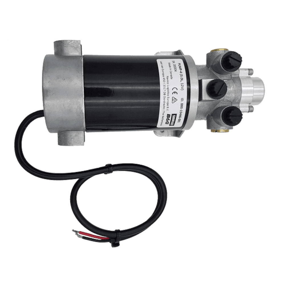 Navico 000-15446-001 PUMP-4 12 V 3.0 L, black motor on a silver pump block with black caps and a red and black lead