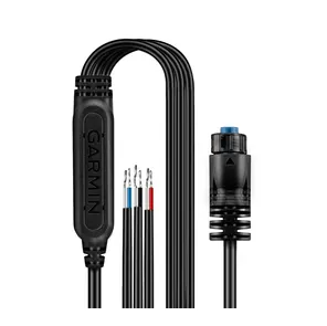 Garmin 010-11533-11 solenoid power cable, black cable with inline Garmin module, bare wires and blue-ringed plug