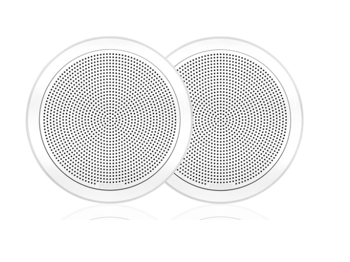 Fusion 010-02300-00 7.7in flush mount round white speakers 50w RMS, pair, front view of fine mesh grilles