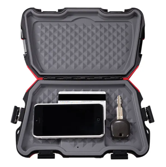 Fusion ActiveSafe 010-12519-00 in red, open waterproof box with phone, tablet and key inside foam