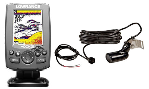 Lowrance Hook-3x 000-12717-001 fishfinder front view with coiled skimmer transducer cable and bracket-mount transducer