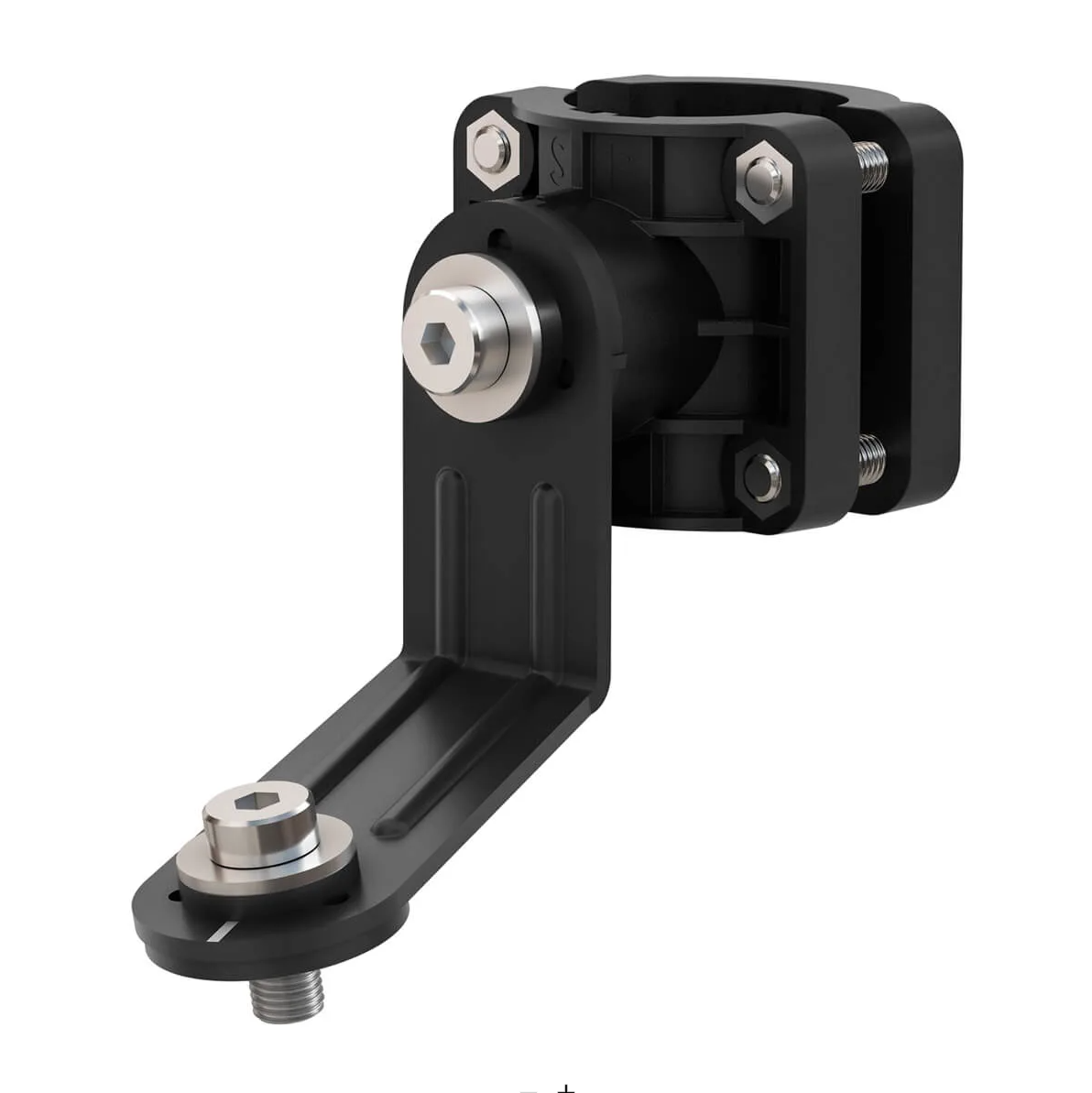 Garmin 010-12970-00 perspective mode mount, black clamp with steel bolts and a long angled arm