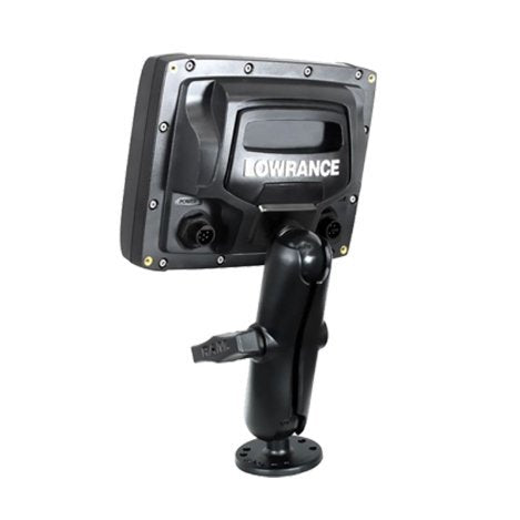 Lowrance Simrad RAM 1 inch ball mount 000-10909-001 with round base, holding a Lowrance unit from the rear