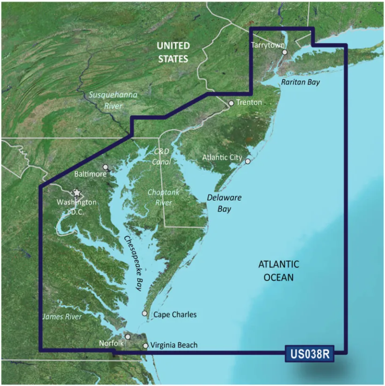 Garmin BlueChart g3 VUS038R coverage map, New York-New Jersey to Chesapeake Bay on the US east coast