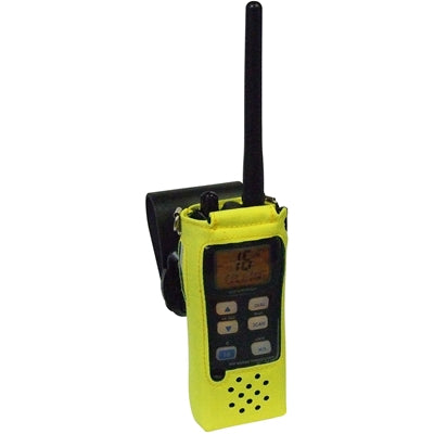Icom BC-M71 belt case, yellow fabric case holding a handheld radio with a black belt loop, large view