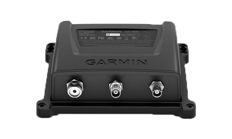 Garmin AIS 800 010-02087-00 black unit with three antenna connectors, angled front view