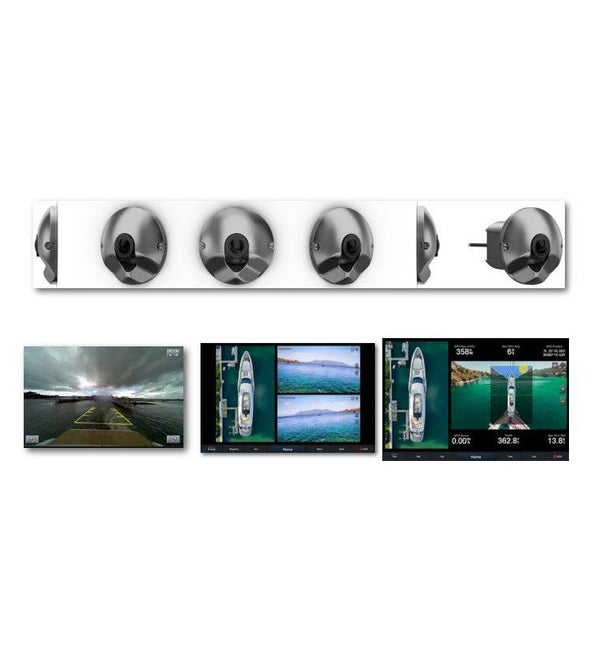 Garmin Surround View camera system 010-02482-00, row of dome cameras above three screen views of a boat
