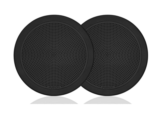 Fusion 010-02300-01 7.7in flush mount round black speakers 50w RMS, pair front view of fine mesh grilles