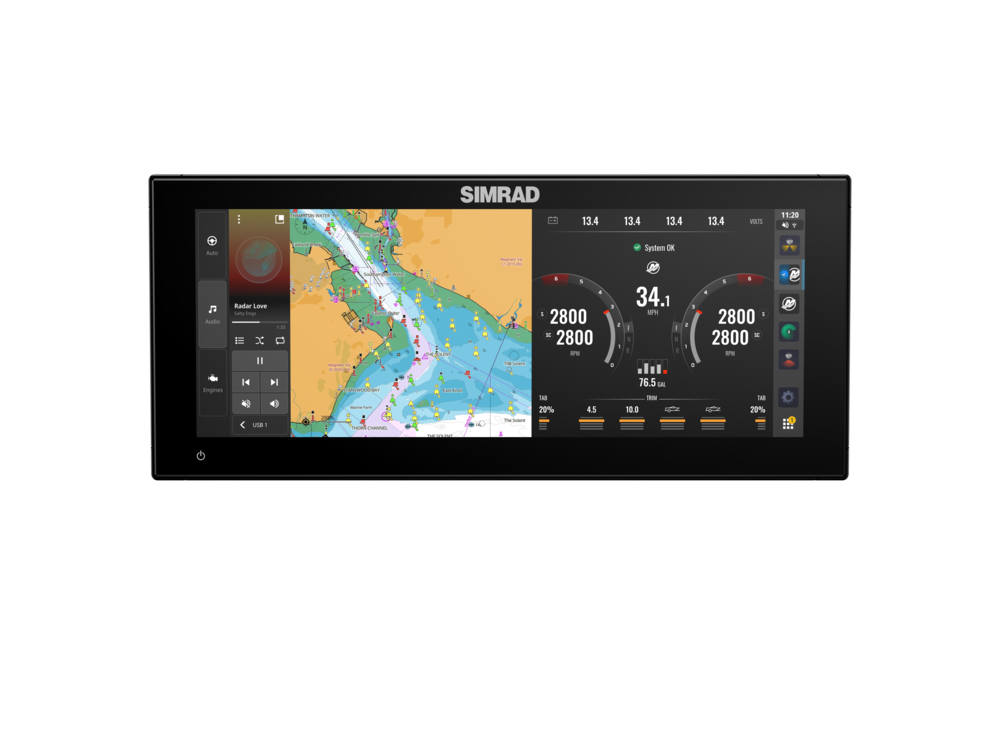 Simrad 000-16215-001 NSX 3012UW no transducer, front view of a widescreen display showing a chart and engine dials