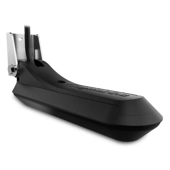 Raymarine A80703 RVM-100 RealVision MAX 3D transom mount transducer, long black body with a steel bracket, angled