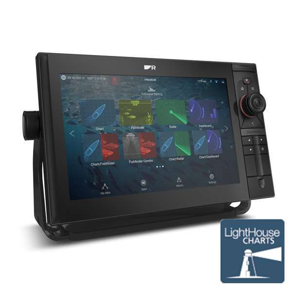 Raymarine E70656 Axiom 2 Pro 12 RVM with LightHouse charts logo, front view of black display showing app tiles