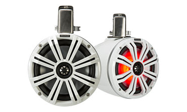 Kicker KM Marine 8 inch tower coaxial speaker system in white, KA45KMTC8W, two white tower speakers, one lit red
