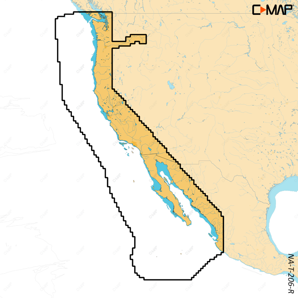 C-MAP Reveal X chart M-NA-T-206-R-MS, coverage map of US West Coast and Baja California outlined in black