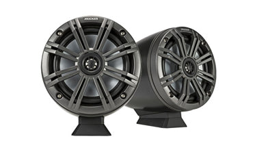 Kicker KM Marine 6.5 inch surface mount coaxial speaker pair, KA46KMFC65, grey grille speakers in black housings on feet
