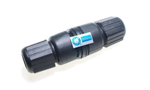 Raymarine 4115028 waterproof Ethernet RJ45 coupler, black cylindrical coupler with two ribbed end nuts and a logo