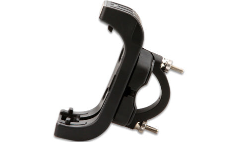 Garmin 010-11654-07 Montana handlebar mount, black cradle with clamp and screws, angled side view