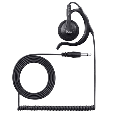 Icom SP-29 earhook earphone, black ear-hook speaker on a coiled cable with 3.5mm plug and Icom logo