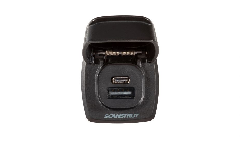 Scanstrut SC-USB-F4 Flip Pro Plus socket with its cover raised showing USB-C and USB-A ports, front view