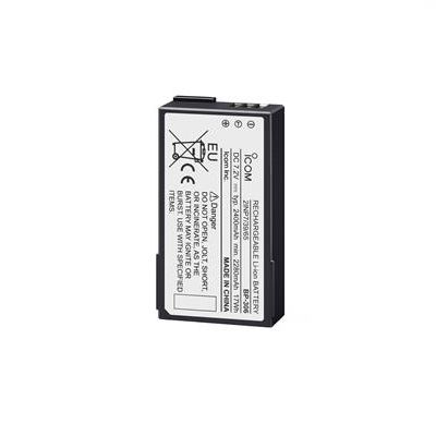 Icom BP-306 Li-ion battery pack, black battery with a white label and warning symbols, large view