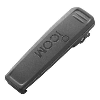 Icom MB-133 belt clip, black belt clip printed with the Icom logo, large view on white