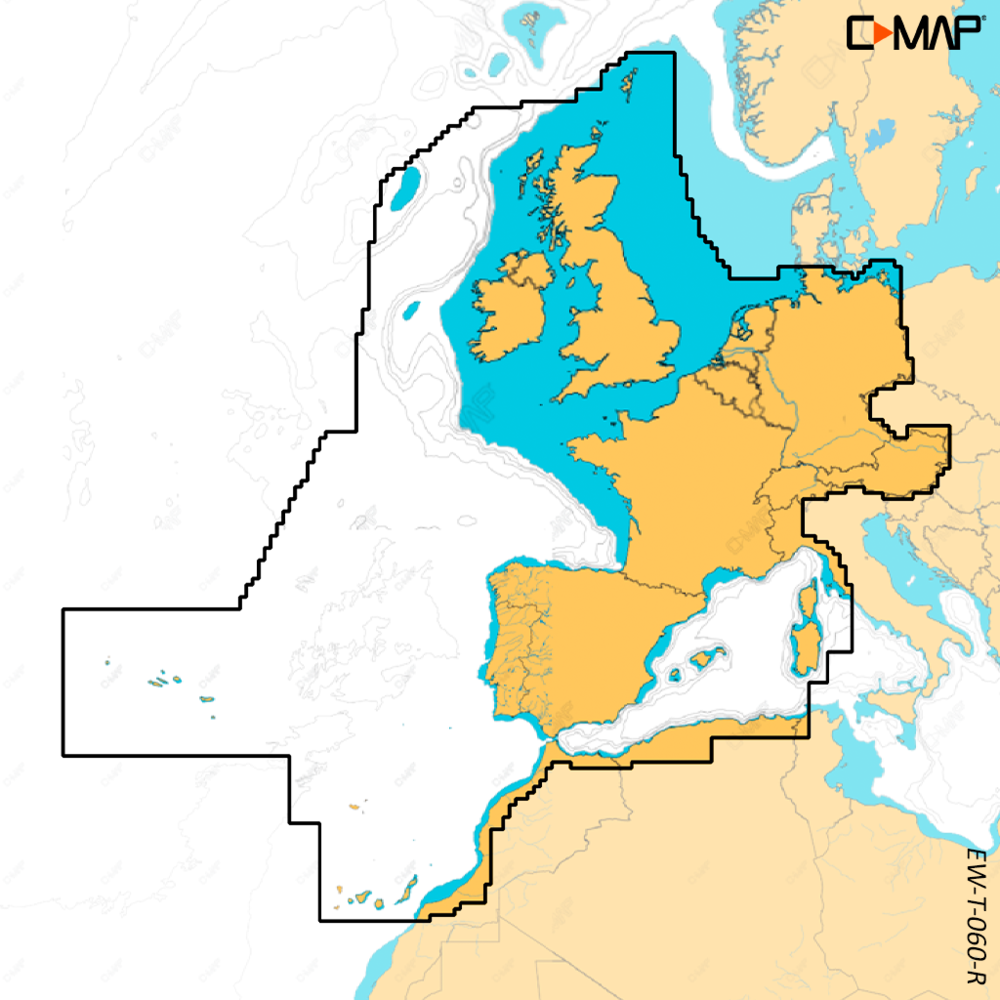 B&G Discover X M-EW-T-060-D-MS Central, West and South Europe, coverage map of Europe with a C-MAP logo