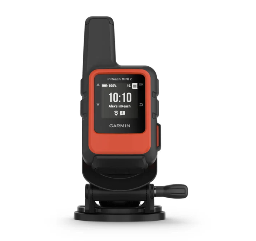 Garmin inReach Mini 2 010-02602-30 marine bundle in flame red, handheld on suction mount showing 10:10