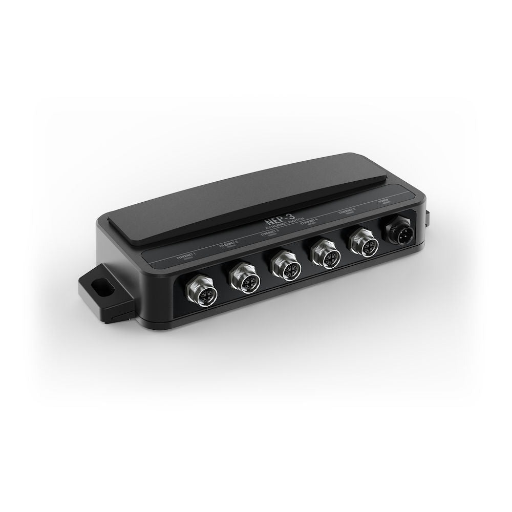 Navico 000-16008-001 NEP-3 Ethernet 5-port switch, flat black box with five round sockets along its front